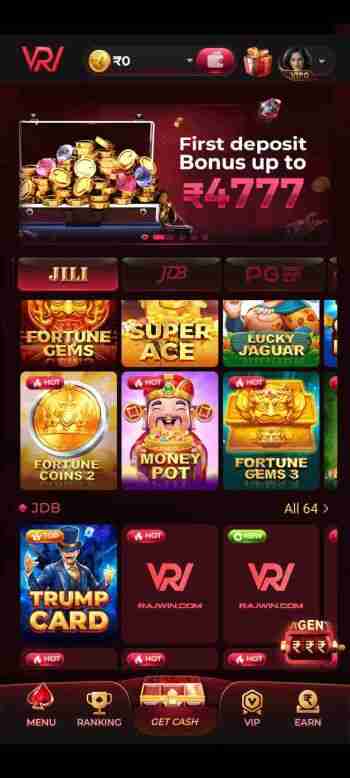 Rajwin Game APK mobile casino dashboard